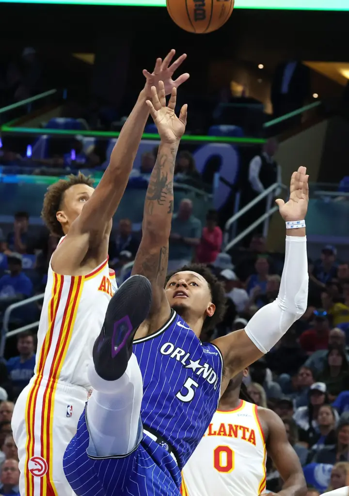 Orlando forward Paolo Banchero (5) shoots during the Atlanta Hawks...
