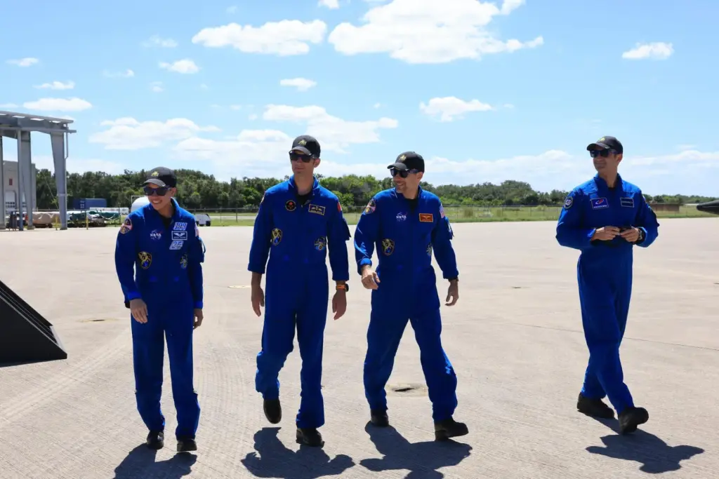 From left, crew members of NASAâs SpaceX Crew-13 mission, NASA...