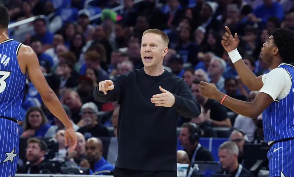 Orlando coach Sean Sweeney coaches during the Atlanta Hawks at...