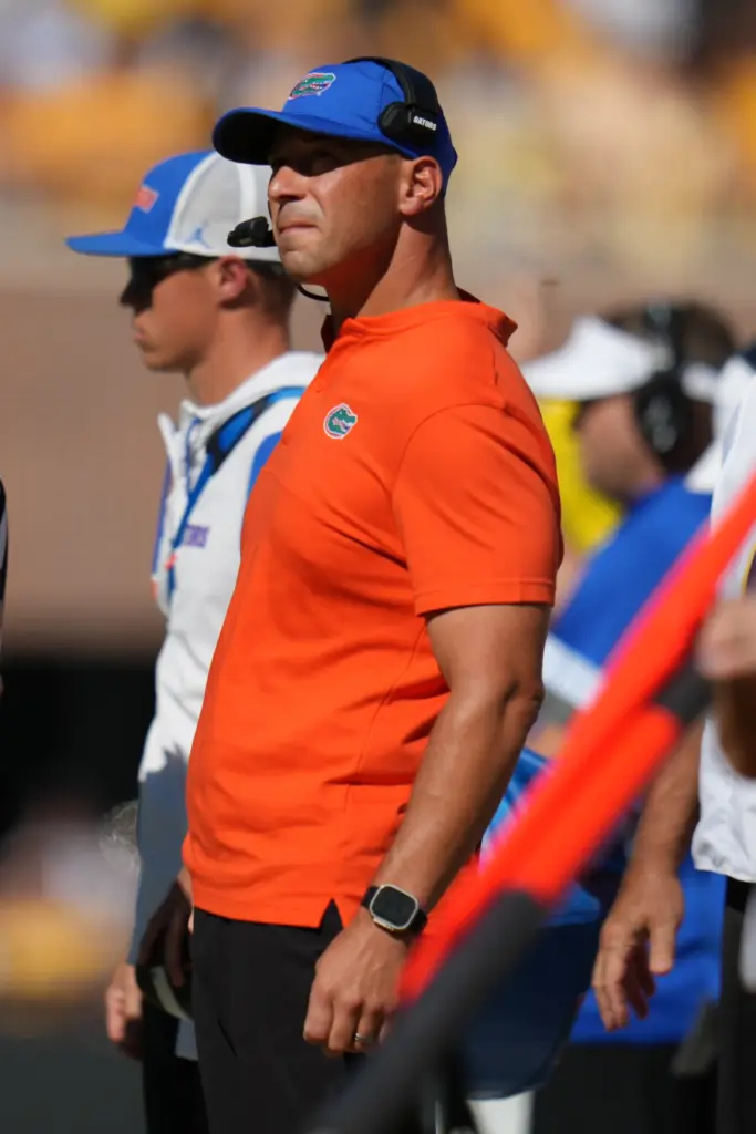 Florida head coach Jon Sumrall watches from the sidelines during...