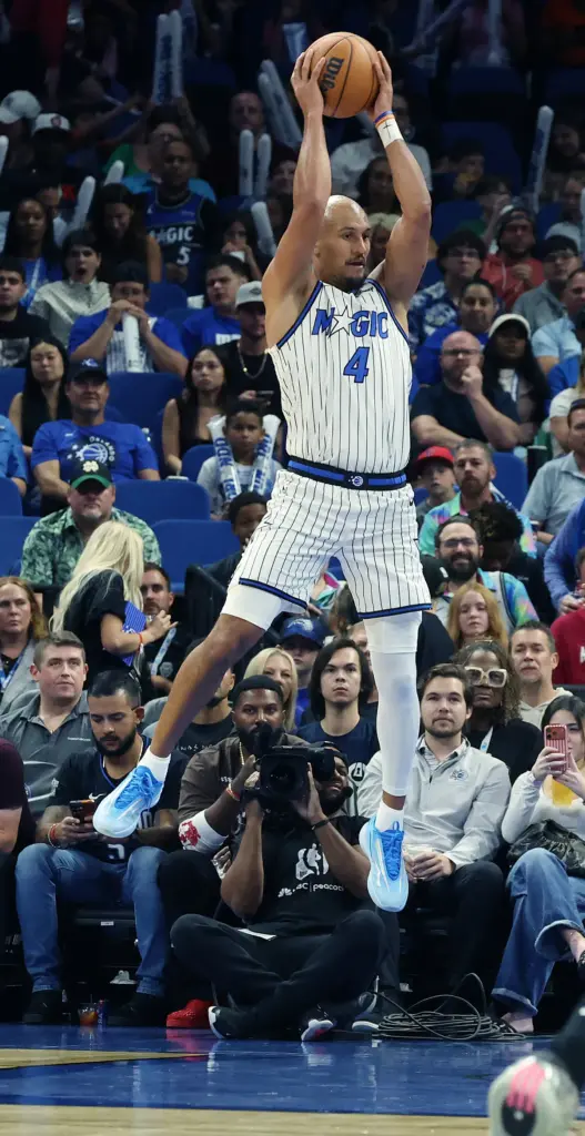 Orlando guard Jalen Suggs leaps for a rebound during the...