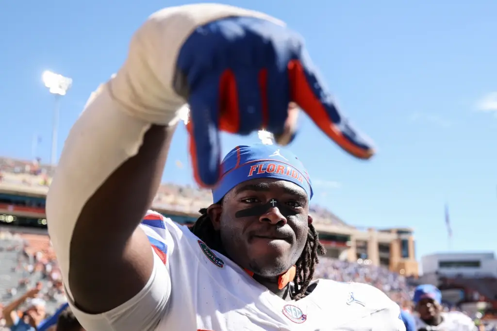 Florida guard Knijeah Harris celebrates after defeating the Texas Longhorns at Darrell K Royal-Texas Memorial Stadium Saturday in Austin. (Photo by Tim Warner/Getty Images)