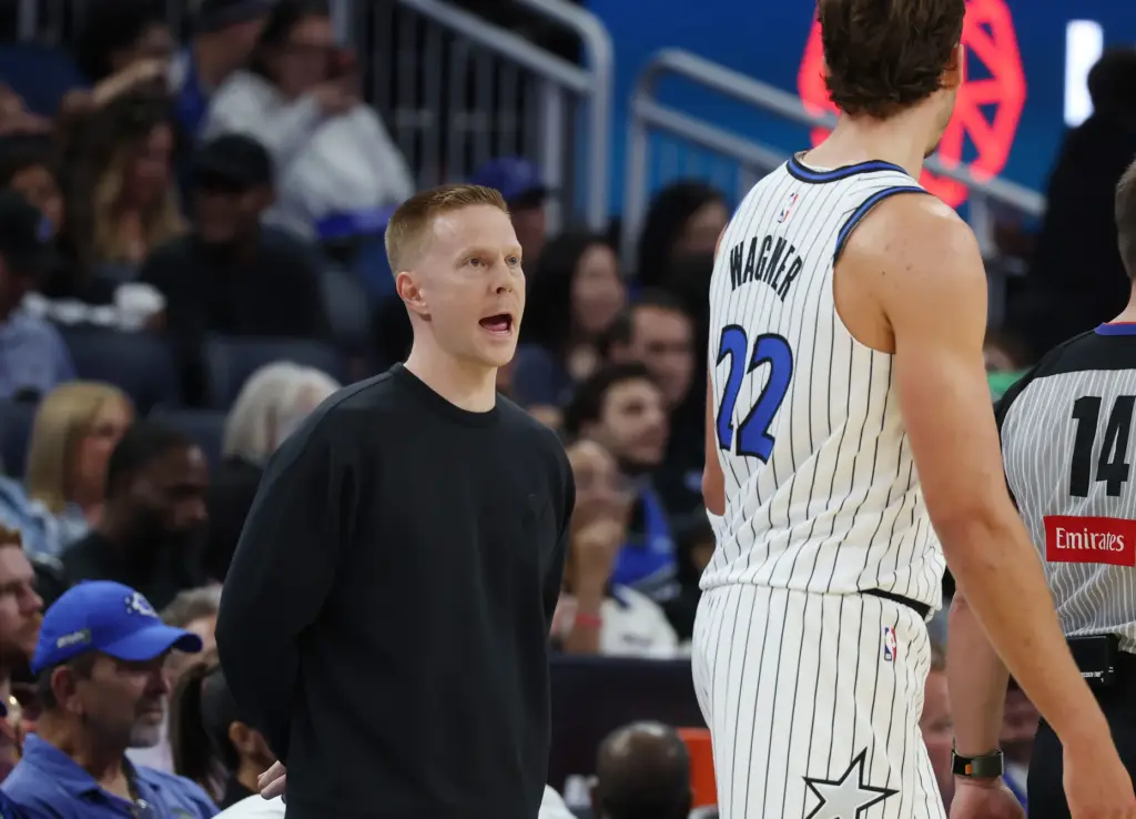 Orlando coach Sean Sweeney coaches forward Franz Wagner during the...