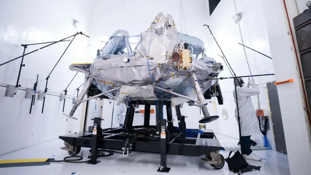 Microphones are arrayed around Voyager Technologies' Griffin-1 lunar lander on...