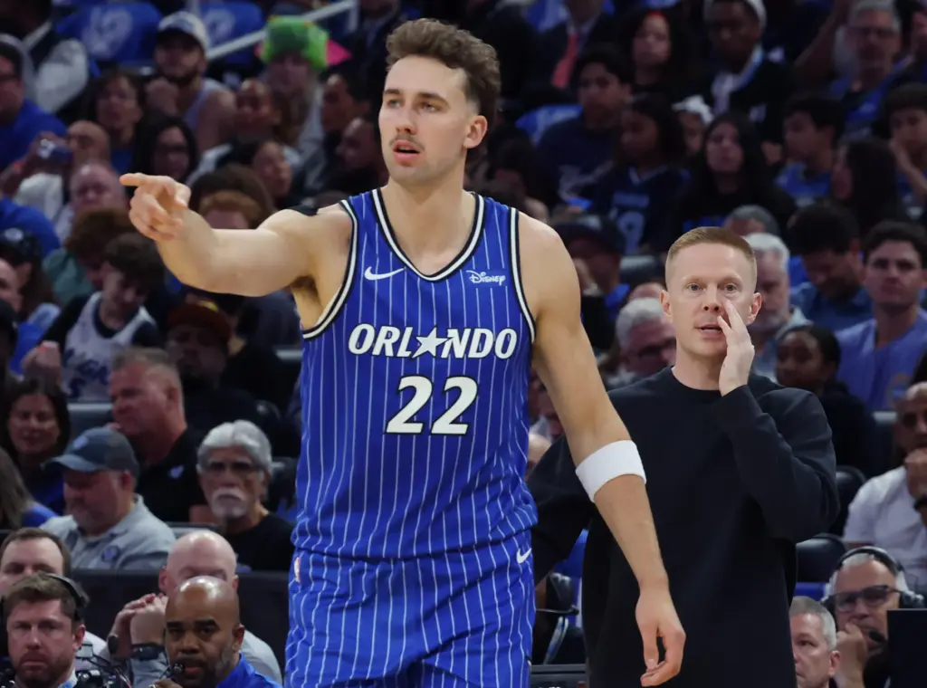 Orlando forward Franz Wagner (22) signals in front of head...