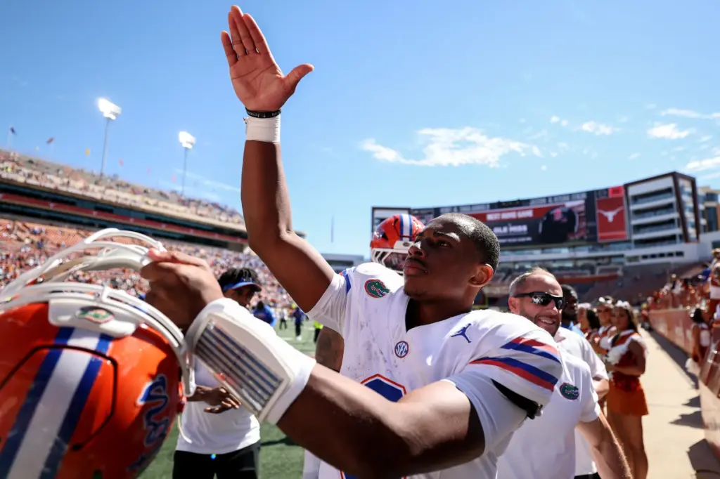 Florida quarterback Tramell Jones Jr. celebrates after the Gators' 27-24 win at No. 7 Texas Saturday at Darrell K Royal-Texas Memorial Stadium in Austin. (Photo by Tim Warner/Getty Images)