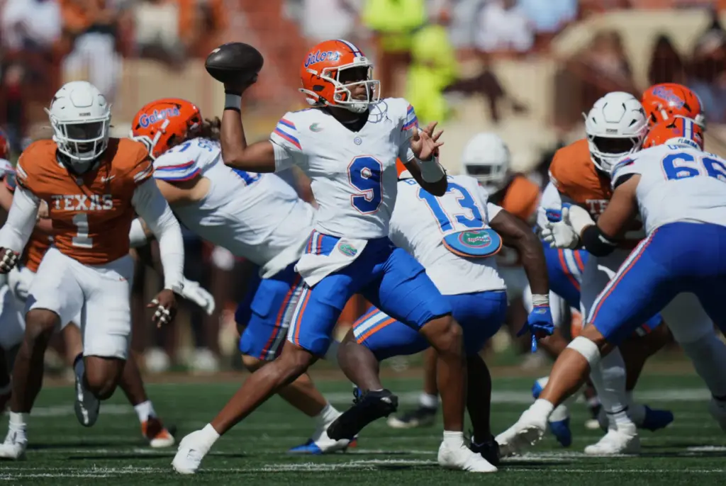 Florida quarterback Tramell Jones Jr. (9) throws against Texas during the Gators' 27-24 upset of the No. 7 Longhorns Saturday in Austin. (AP Photo/Eric Gay)