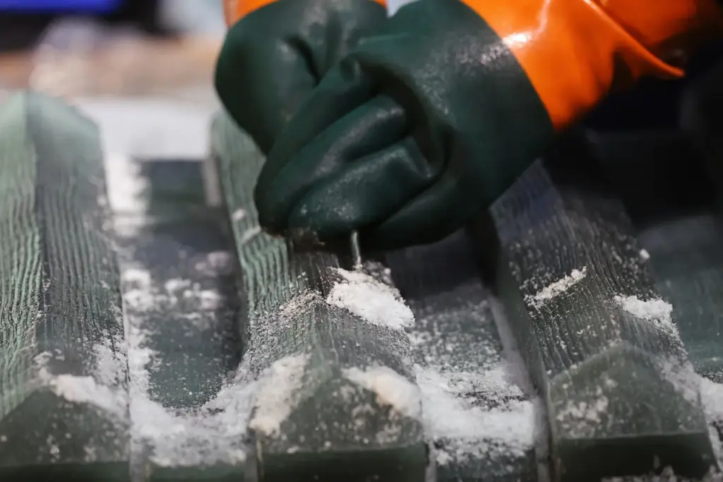 Master ice artisans from Harbin, China, at work during a...
