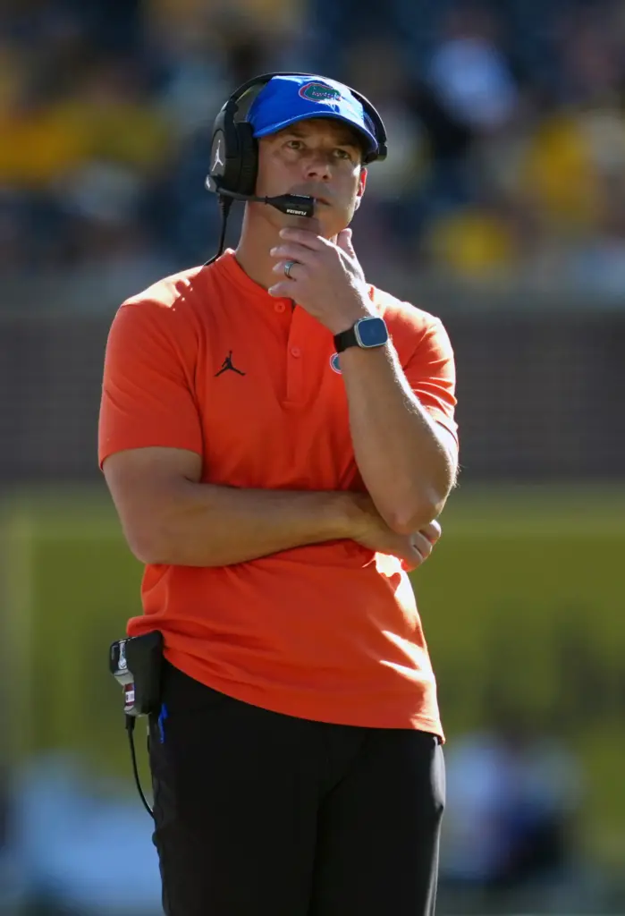 Florida head coach Jon Sumrall looks on during the No. 8 Gators' 45-10 loss Saturday at Missouri. (Photo by Jay Biggerstaff/Getty Images)