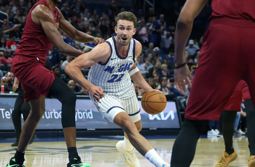 Orlando forward Franz Wagner drives the lane during the Cleveland...