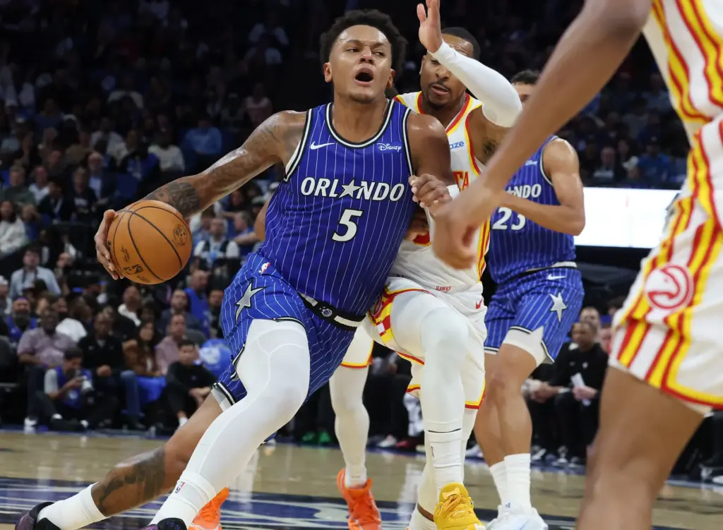 Orlando forward Paolo Banchero (5) drives the lane during the...