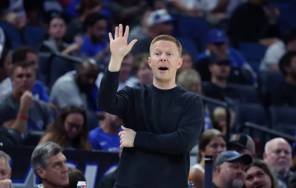Orlando coach Sean Sweeney coaches during the Cleveland Cavaliers at...