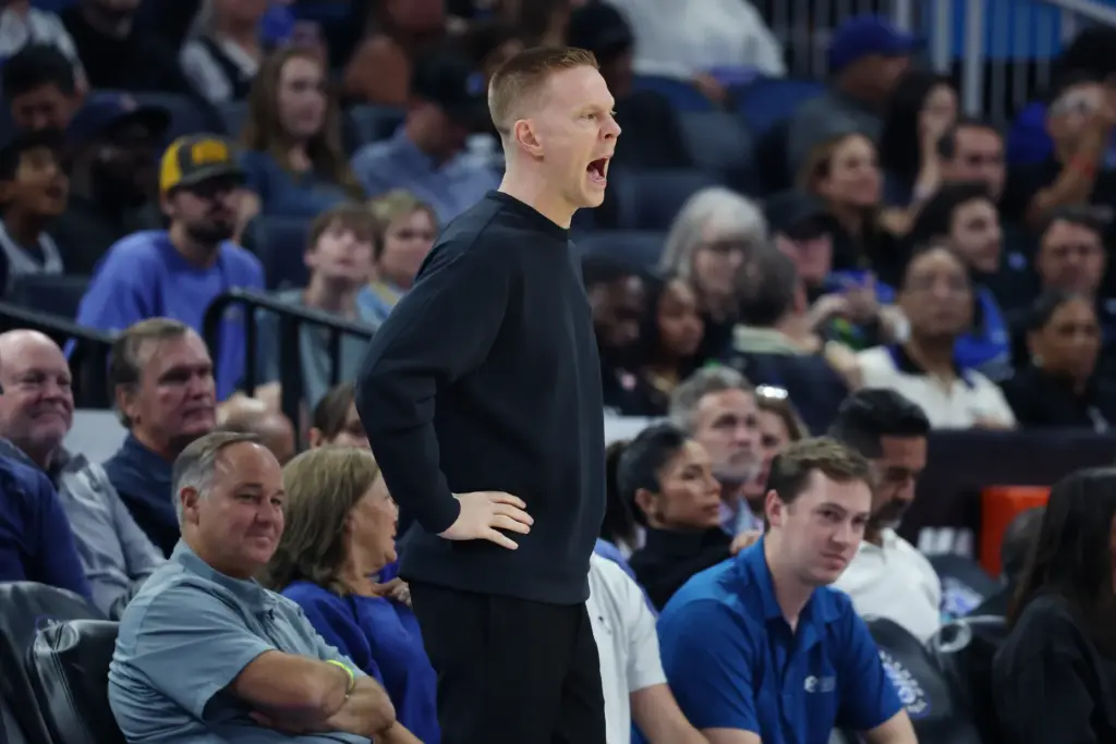 Orlando coach Sean Sweeney yells during the Cleveland Cavaliers at...