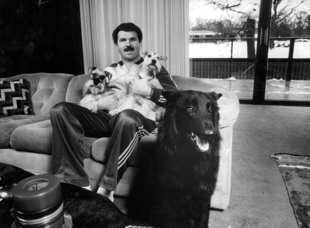 Chicago Bears head coach Mike Ditka with his dogs in...