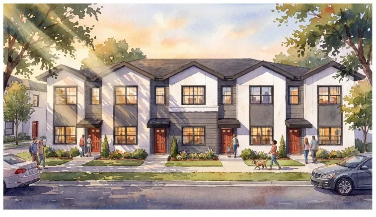 The buildings are a mix of townhouse-style two-level units with...