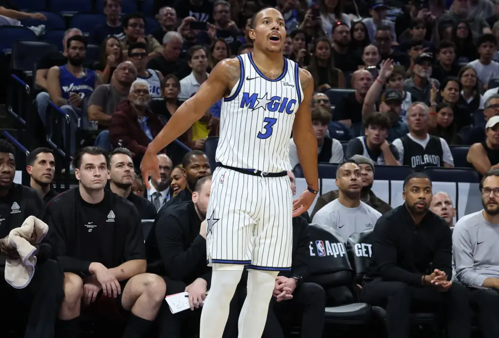 Orlando guard Desmond Bane reacts after a three point shot...