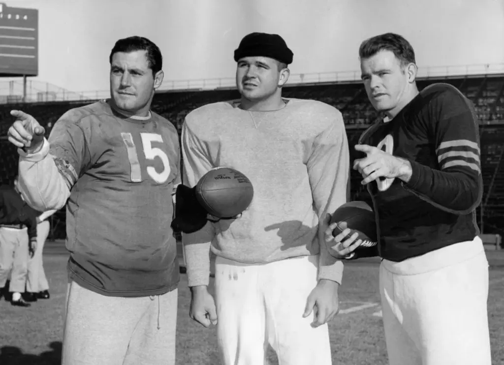 Quarterbacks Ed Brown, left, and Bill Wade, right, discuss assignments...