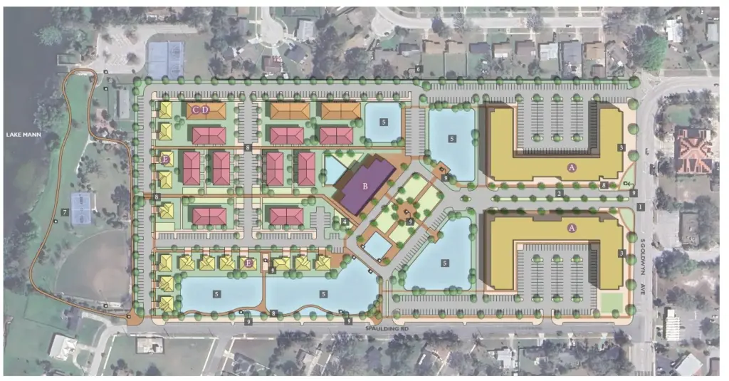 The mixed-use plan calls for two apartment buildings with a...
