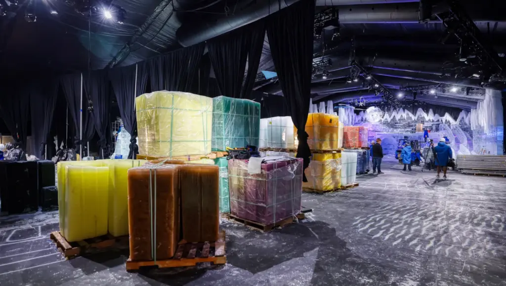 Master ice artisans from Harbin, China, at work during a...