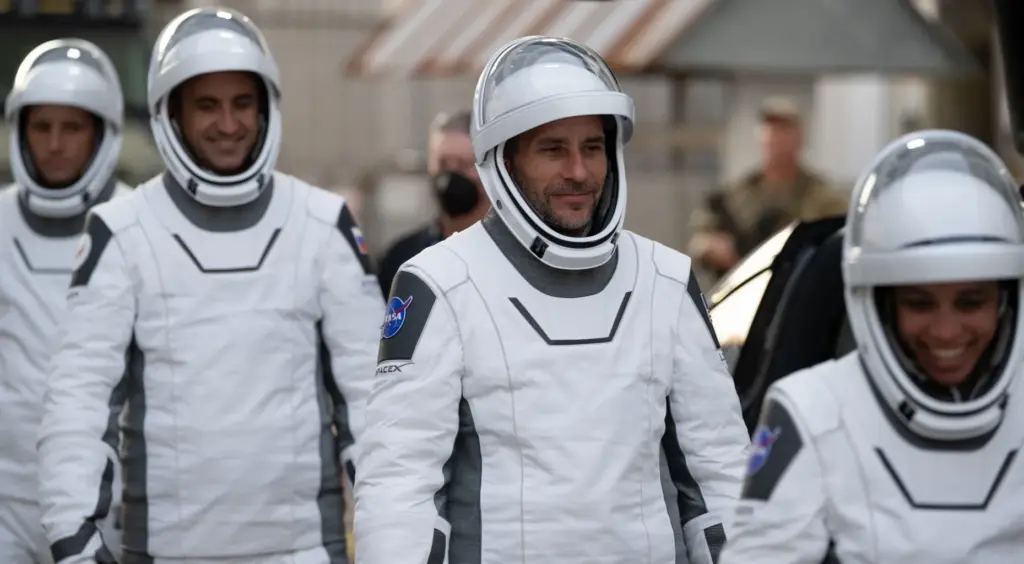 From right to left, NASA astronauts Jessica Watkins, Luke Delaney,...
